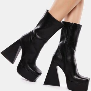 Pink Kiss Black Platform Flare Heel Ankle Boots Retro Y2K Goth Chunky Heels 8.5